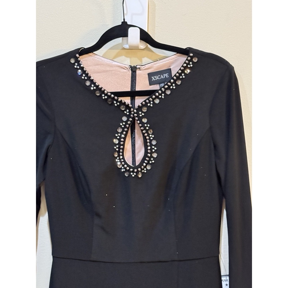 XSCAPE Women's Black Embellished Keyhole-Neck Long-Sleeve Gown Size 6 - Picture 4 of 9